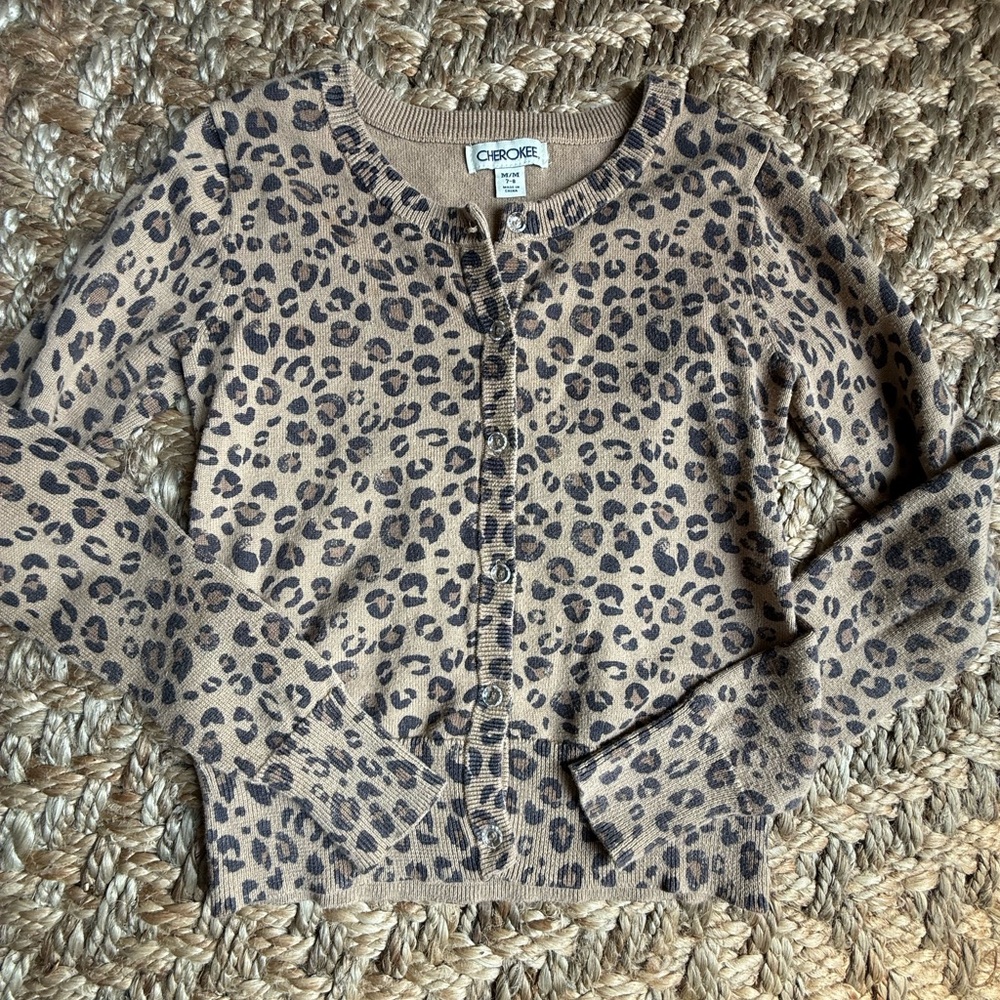 Cherokee Cheetah Print Cardigan Sweater with Sparkle Buttons